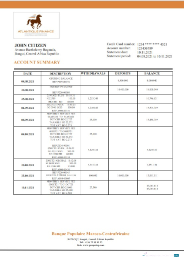 Download Central African Republic Banque Populaire Maroco Centrafricaine bank statement word